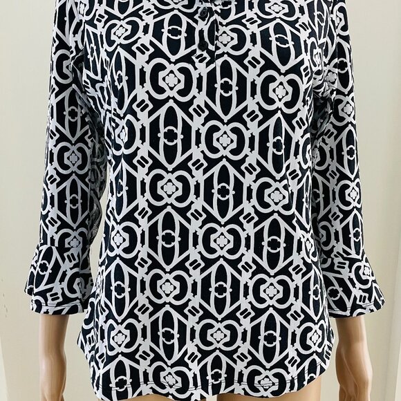 IBKUL 1/4 Button Pullover Top 3/4 Sleeve Mesh Black White Abstract Women Size  M - Picture 2 of 9
